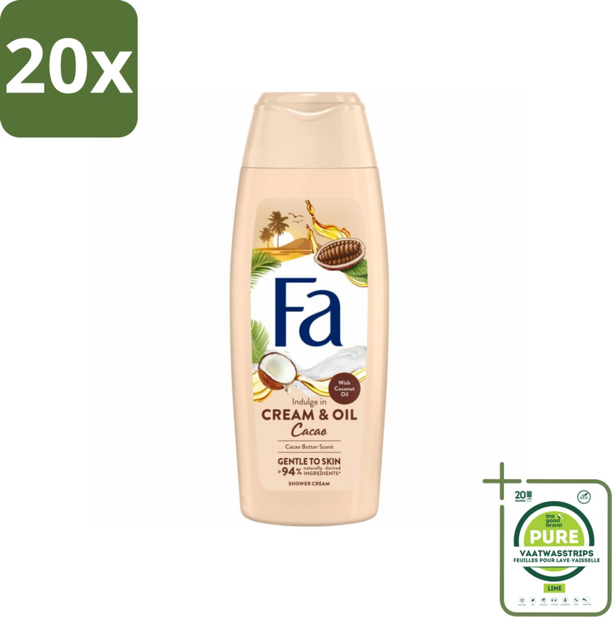 20 x Fa - Cream & Oil Cacao - Douchecrème - Cacaoboter Met Kokosolie - 250 ml - Grootverpakking - Douchecrème - Cacaoboter - Kokosolie - Hydraterende - Verzorging