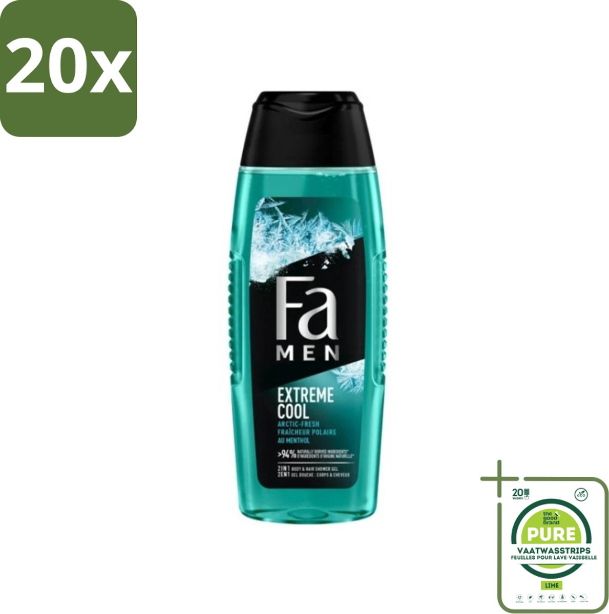 20 x Fa Men Douchegel en Shampoo Extreme Cool 250 ml - Grootverpakking - Douchegel - Shampoo - Mannen - Verfrissend - Menthol