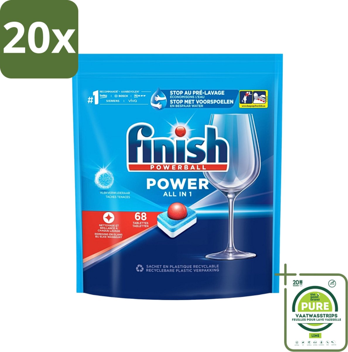 20 x Finish Powerball - Power All in 1 - Vaatwastabletten - Reiniging & Glans - 68 Tabletten - Grootverpakking - Vaatwastabletten - Vaatwassertabletten - Diepe Reiniging - Vlekken Verwijderen - Glanzend Resultaat