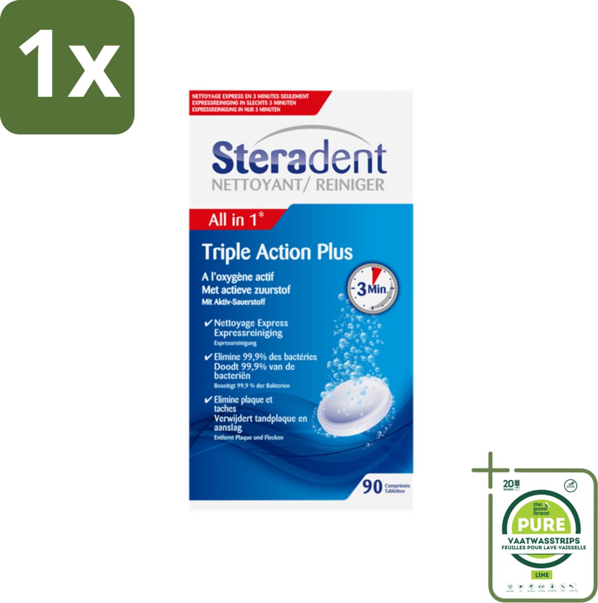 1 x Steradent Triple Action Plus Kunstgebit Reiniger 90 tabletten - Kunstgebit Reiniger - Kunstgebit Schoonmaken - Tandplak Verwijderen - Aanslag Verwijderen - Kunstgebit Desinfecteren