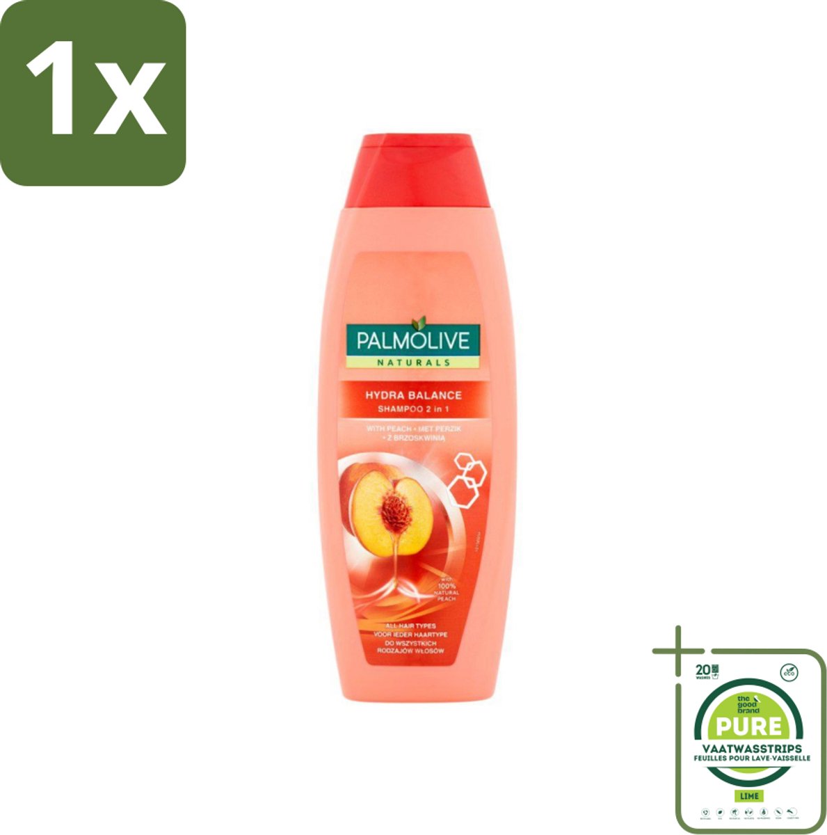 1 x Palmolive - Naturals - 2in1 Shampoo - Perzik - Hydra Balance - 350 ml - 2-in-1 Shampoo - Perzik Shampoo - Hydraterende Shampoo - Shampoo Voor Droog Haar - Shampoo Voor Dagelijks Gebruik
