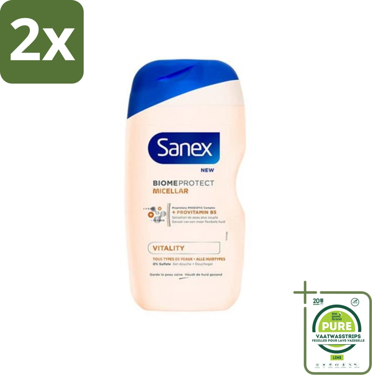 Sanex - BiomeProtect Micellair - Douchegel - Vitaliteit - 0% Sulfaat - Alle Huidtypes - 400 ml - Voordeelverpakking - 2 stuks - Sanex BiomeProtect - Micellair douchegel