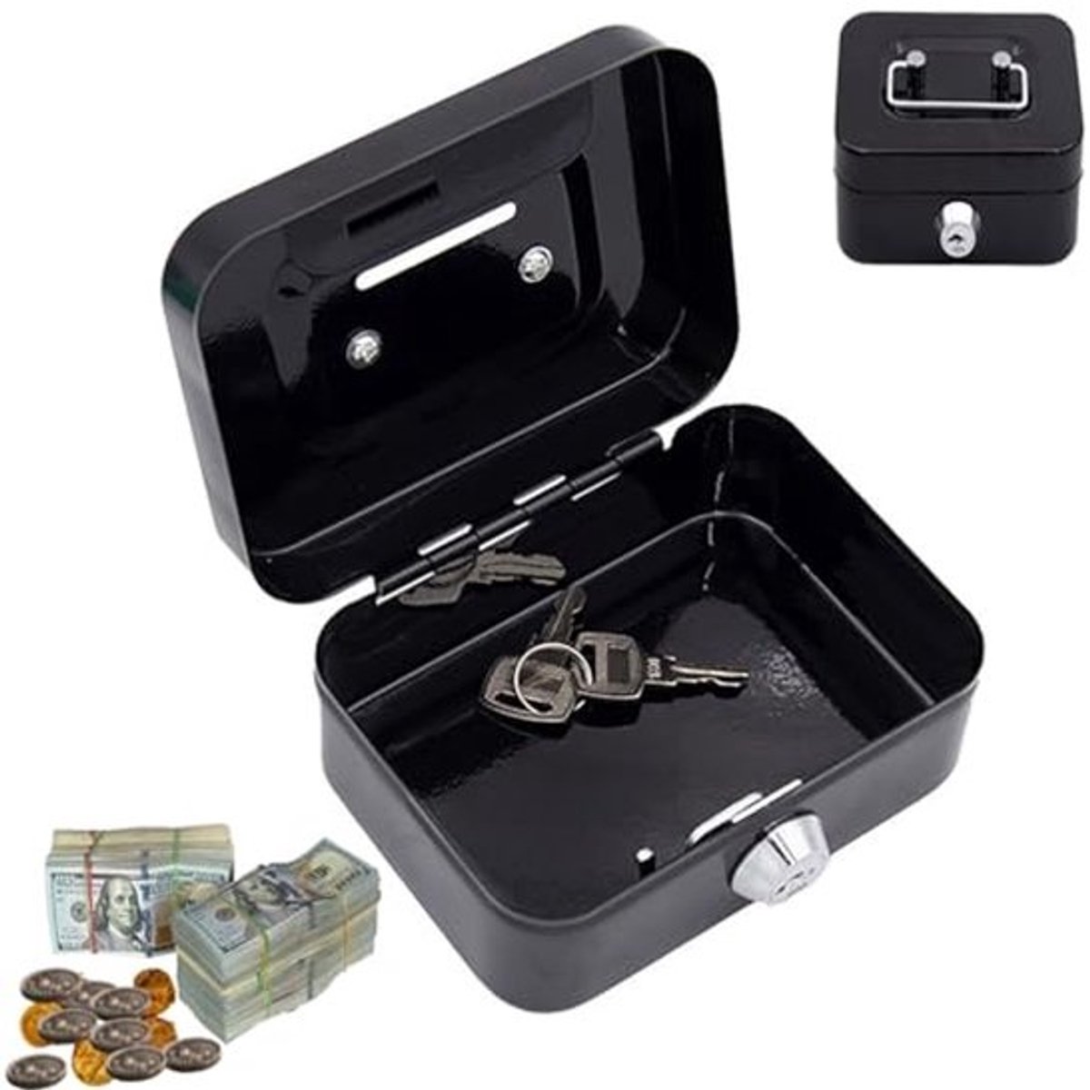 Small Money Cassette Lockable with Key, Small Safe, Metal Locker Money Cassette with Key Lock, Wallet, Cash Register with 2 Keys, 11.5 x 8.5 x 5.8 cm (Black)