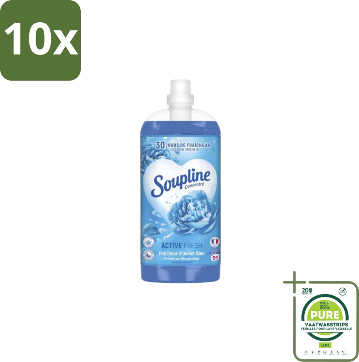 10 x Soupline – Wasverzachter – Active Fresh Frisheid van Blauwe Anjer – 2 L - Grootverpakking - Wasverzachter - Frisheid - Blauwe Anjer - Wasgoed - Kleding
