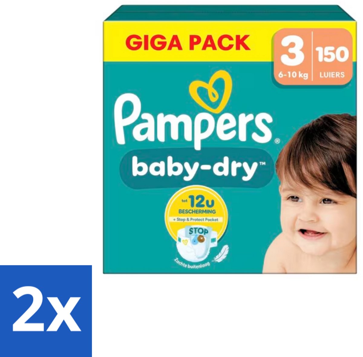 2 x Pampers – Luiers – Baby Dry Maat 3 – 150 Luiers - Baby-dry Luiers - Lekken Voorkomen - Droge Nachten - Comfortabele Luiers - Stop En Bescherm Pocket