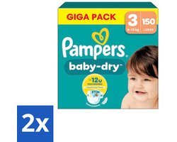 2 x Pampers – Luiers – Baby Dry Maat 3 – 150 Luiers - Baby-dry Luiers - Lekken Voorkomen - Droge Nachten - Comfortabele Luiers - Stop En Bescherm Pocket