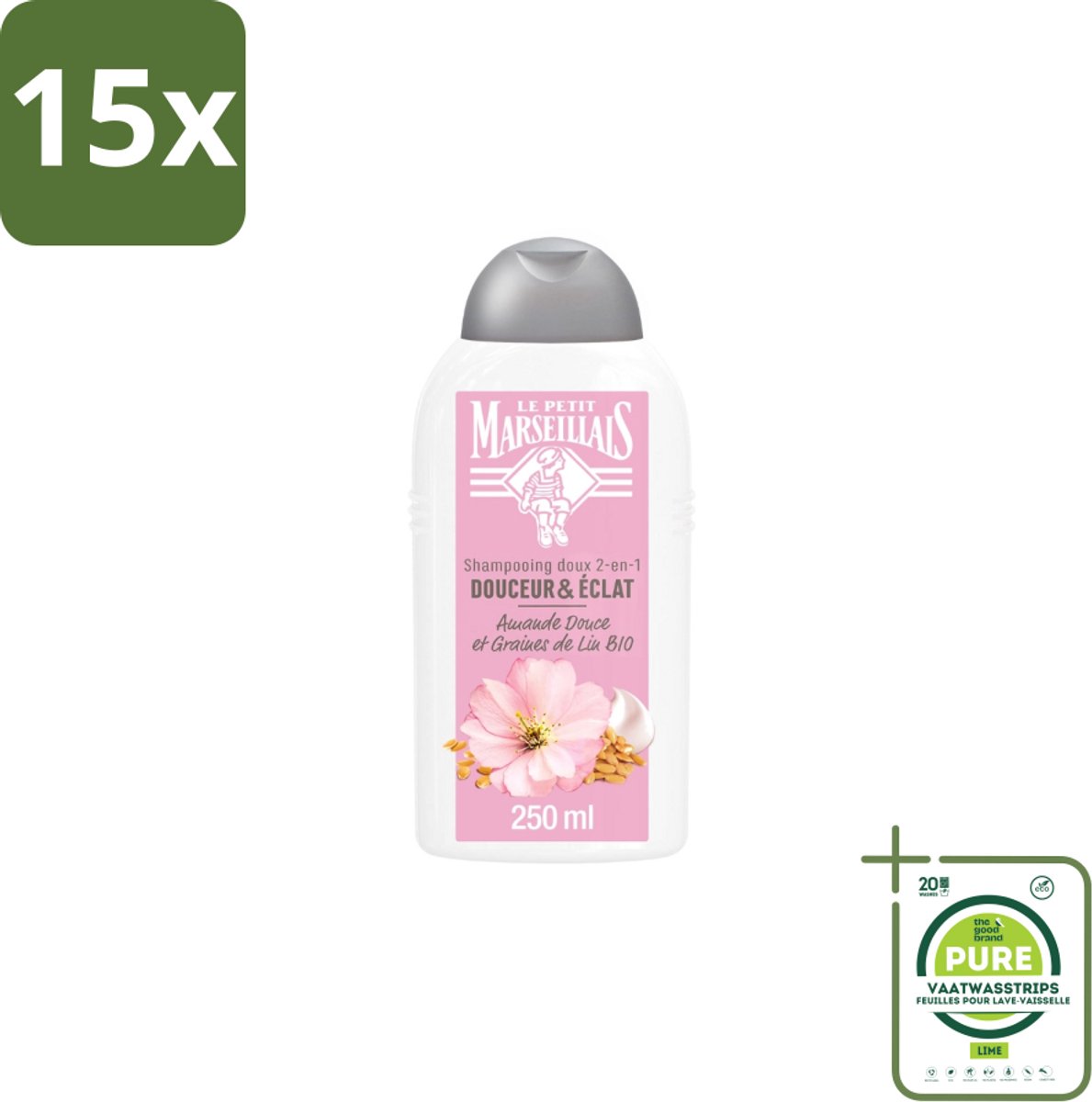 15 x Le Petit Marseillais – Shampoo – Amande Douce & Graines de Lin Bio – 250 ml - Grootverpakking - Shampoo Amande Douce - Shampoo Linzaad - Shampoo Bio - Shampoo Voor Fijn Haar - Shampoo Voor Normaal Haar