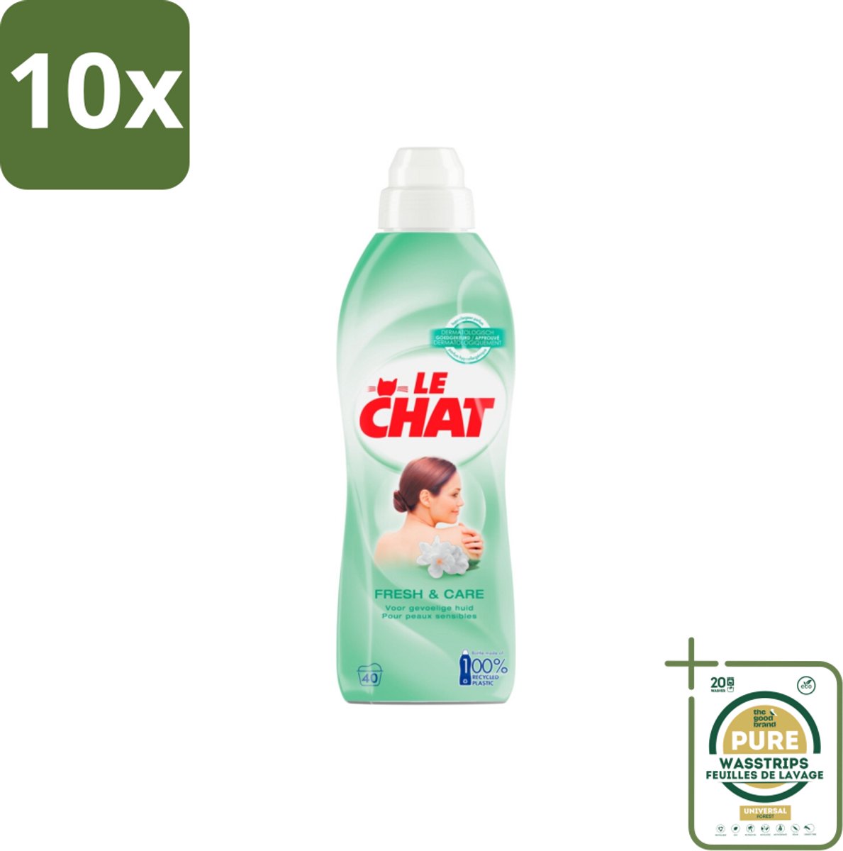 10 x Le Chat Wasverzachter Fresh & Care 40 Wasbeurten 880 ml - Grootverpakking - Wasverzachter - Hypoallergeen - Huidvriendelijk - Gevoelige Huid - Babykleding