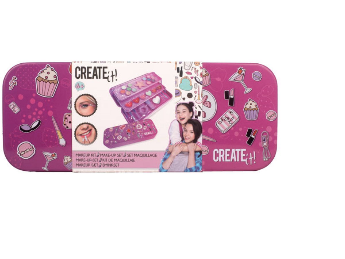Create It - Makeup Blik - Kinder Makeup - 3 Lagen Makeup - In Blik - waaronder twaalf sprankelende tinten oogschaduw en zes diverse kleuren lipgloss - eindeloze Combinaties