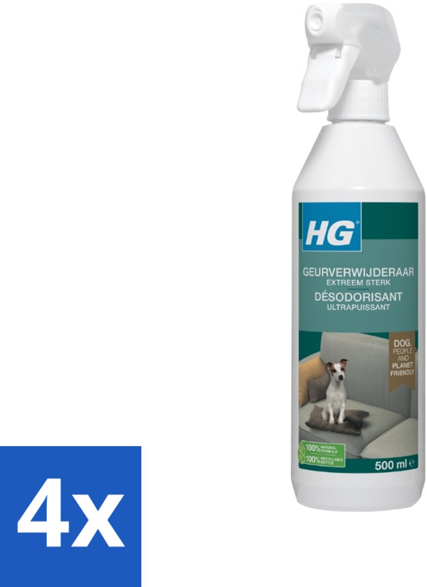 4 x HG - Geurverwijderaar Hond Spray - Extreem Sterk - Werkt Binnen 30 Minuten - 100% Biologisch - 500 ml - Geurverwijderaar Hond - Hondengeur - Geurneutralisator - Huisdierengeur - Tapijt Schoonmaken
