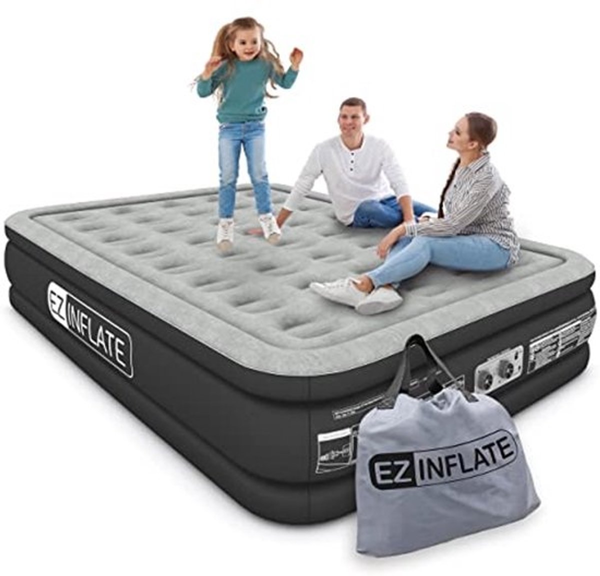 Opblaasbaar Luchtmatras Kingsize met Ingebouwde Pomp - Dubbel Hoog en Draagbaar voor Kamperen en Reizen