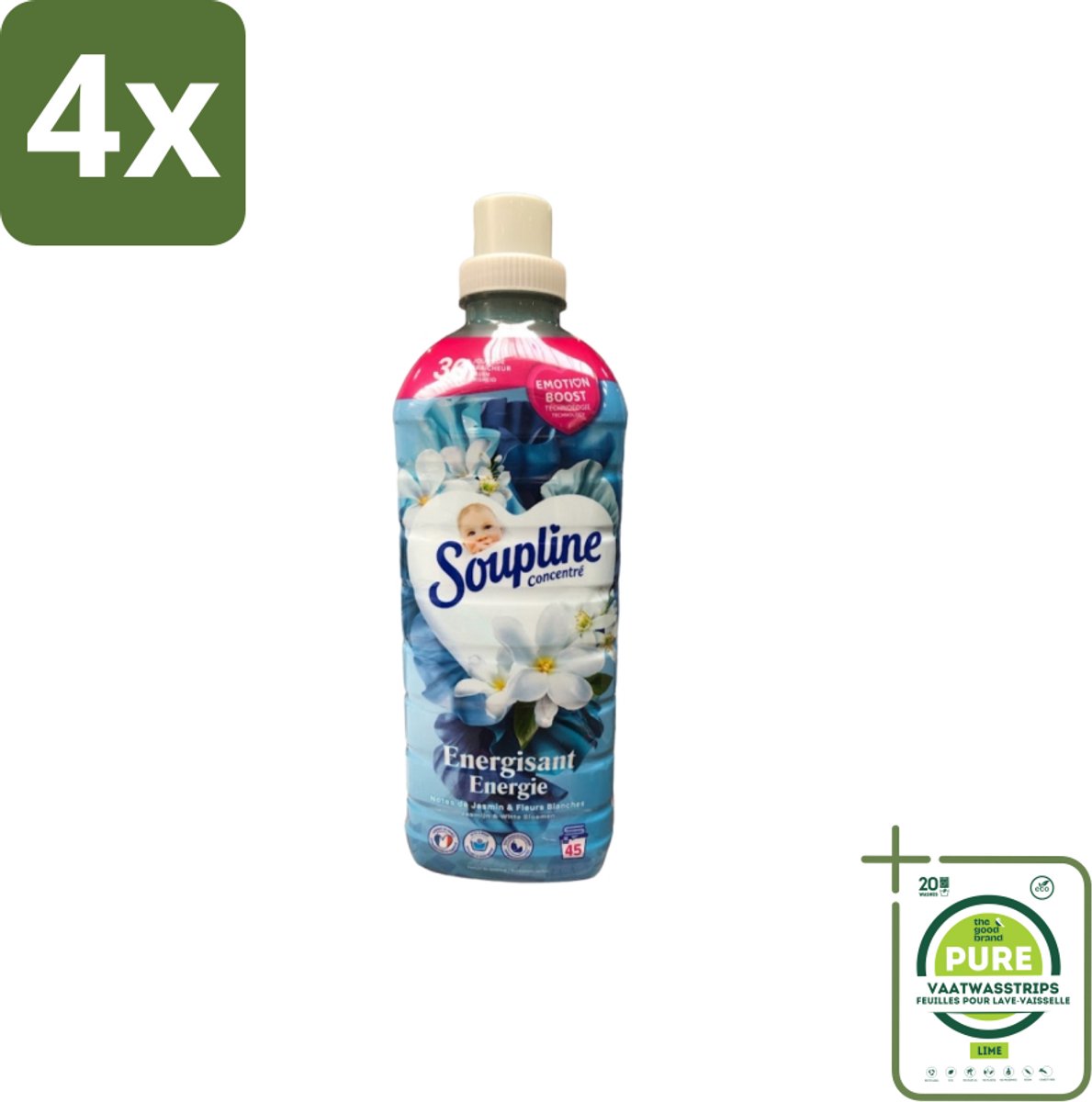 Soupline – Wasverzachter – Energie Jasmijn & Witte Bloemen – 950 ml - Voordeelverpakking - 4 stuks - Wasverzachter - Jasmijn