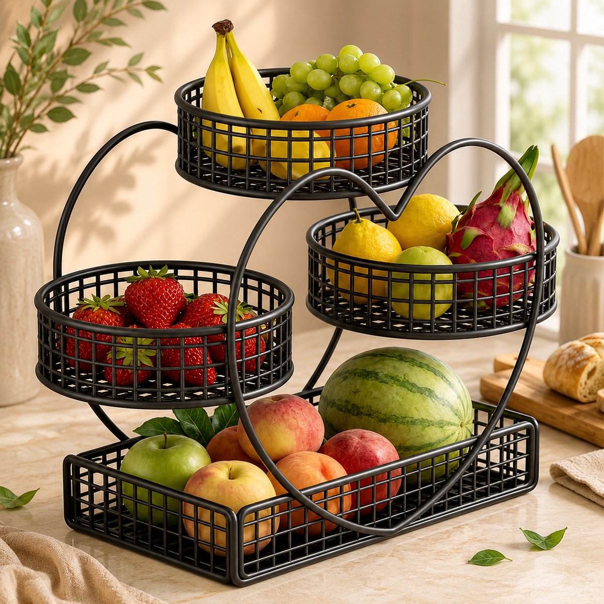 Hartvormige 3-tier fruitmand – 31 cm, metaal – voor fruit, brood, snacks, cupcakes – voor picknick, bruiloft, feest, cadeau