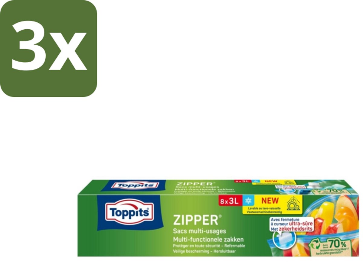 3 x Toppits – Zipper Multifunctionele Zakken – 3 Liter – 8 Zakjes - Koffiezetapparaat