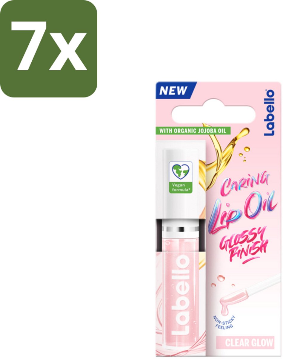 7 x Labello –Caring Lip Oil – Clear Glow – 5,5 ml - Lip Oil - Lip Care - Clear Glow Lip Oil - Vegan Lip Oil - Hydrating Lip Oil