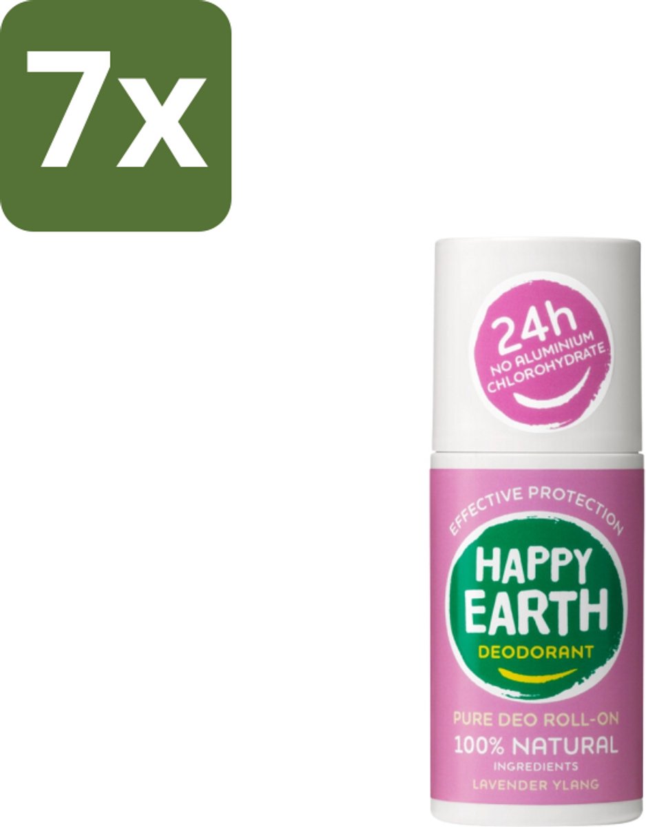 7 x Happy Earth – Deodorant Roll-On – 100% Natuurlijk Lavender Ylang – 75 ml - Natuurlijke Deodorant - Lavendel Ylang - Roll-on Deodorant - Geur - Gevoelige Huid