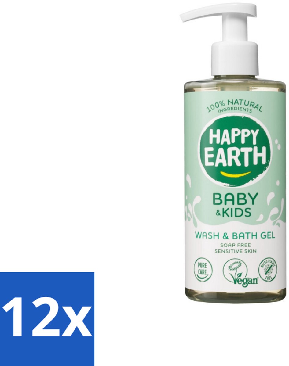 12 x Happy Earth – Was & Badgel – Zeepvrij Baby & Kids – 300 ml - Wasgel - Huidverzachter - Babywasgel - Natuurlijke Wasgel - Allergeenvrije Wasgel