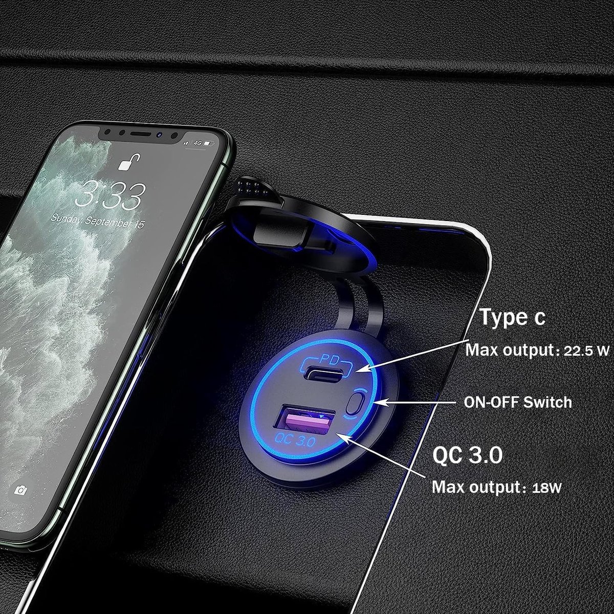 USB Autolader met QC3.0, PD en Type-C Aansluiting, LED Indicator en Waterdichte Schakelaar voor 12V/24V Voertuigen, Botens en Motoren (Blauw)