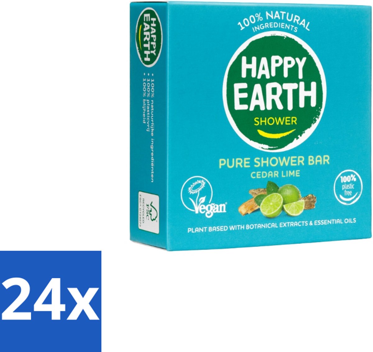 24 x Happy Earth – Shower Bar – 100% Natuurlijk Cedar Lime – 90 g - Douchebar - Natuurlijke Douche - Ceder En Limoen - Sheaboter - Amandelolie