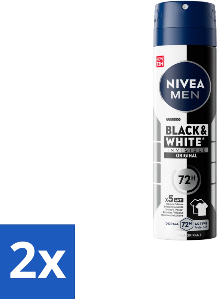 2 x NIVEA MEN – Deodorant spray – Invisible for Black & White – 150 ml - Zweetvermindering - Geurvermindering - Anti-Transpirant Spray - Kledingbescherming - 48u Bescherming