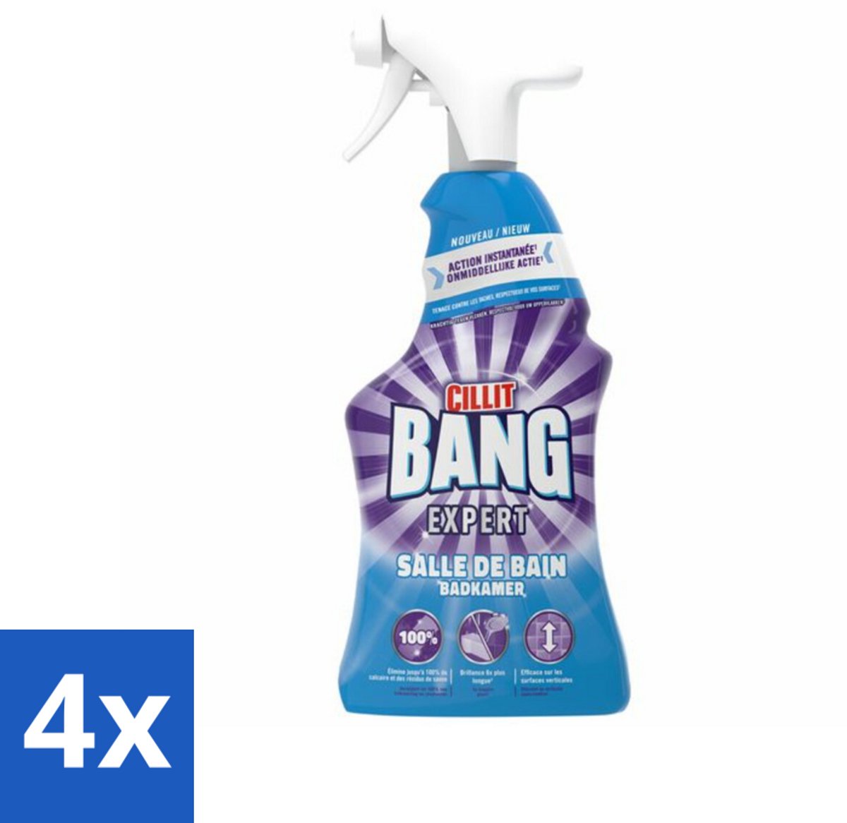 4 x Cillit Bang – Schoonmaakspray – Badkamerreiniger – 750 ml - Badkamerreiniger Spray - Anti-kalk Badkamerspray - Badkamer Reinigen - Kalk Verwijderen - Zeepresten Verwijderen