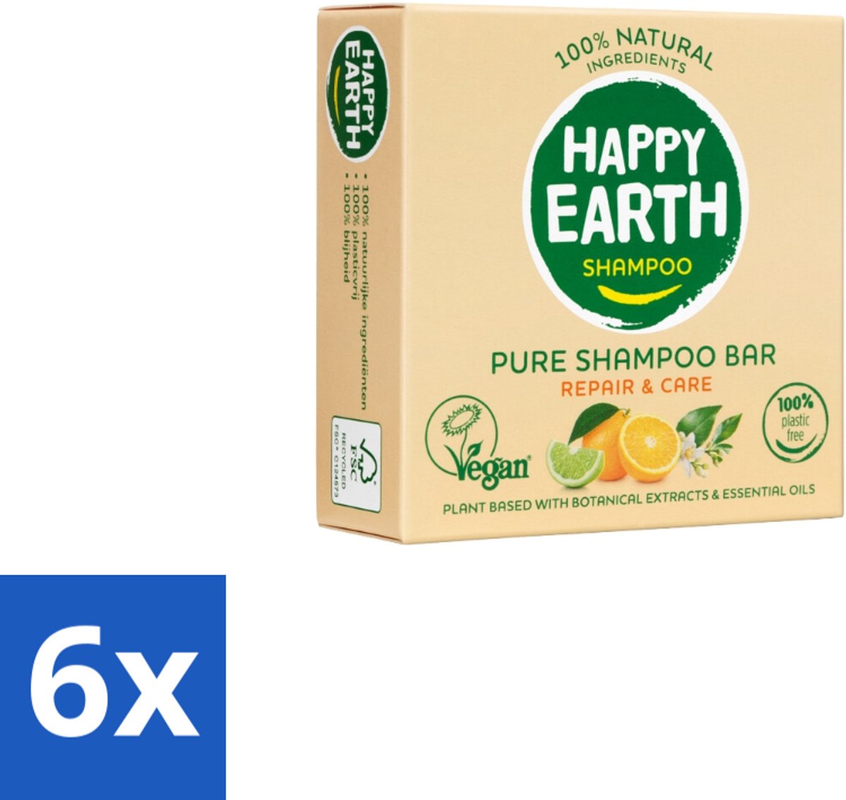6 x Happy Earth – Shampoo Bar – 100% Natuurlijk Repair & Care – 70 g - Shampoo Bar - Droog Haar - Beschadigd Haar - Natuurlijke Shampoo - Vegan Shampoo