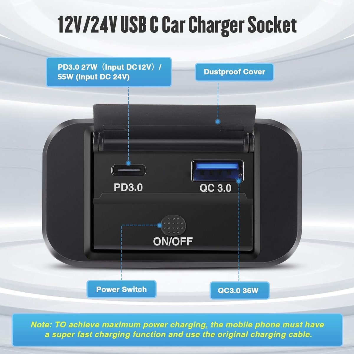 Dual USB C Oplaadpunt 12V Auto Lader 36W QC3.0 en 55W PD Type C Snelladen Waterdicht met Schakelaar voor Auto, Boot en Motorhome – foto 5