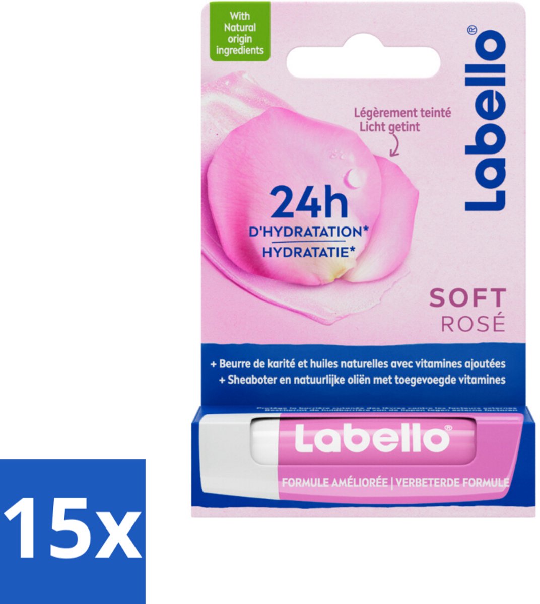 15 x Labello – Lippenbalsem – Soft Rosé – Lippenbalsem – 24H Hydratatie - Lippenbalsem - Hydratatie - Roze Glans - Natuurlijke Lippenbalsem - Rozenextract