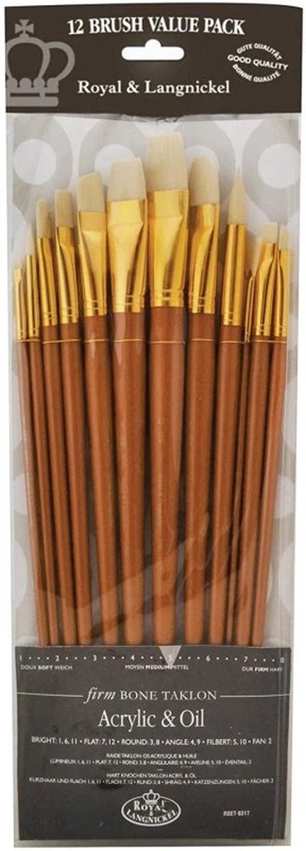 R&L Long-handled Ivory Taklon Brush Mixed Set (Firm) - 12 Pack (B)
