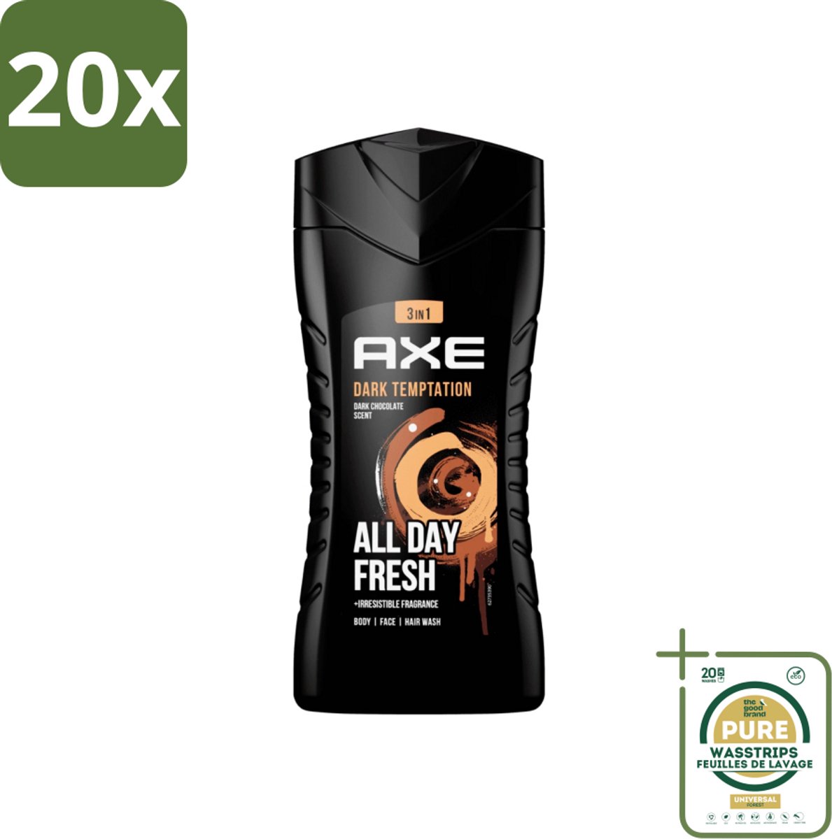 20 x Axe - 3-in-1 Douchegel - Dark Temptation - Dark Chocolate - 250 ml - Grootverpakking - Douchegel - 3-in-1 - Lichaam - Gezicht - Haar