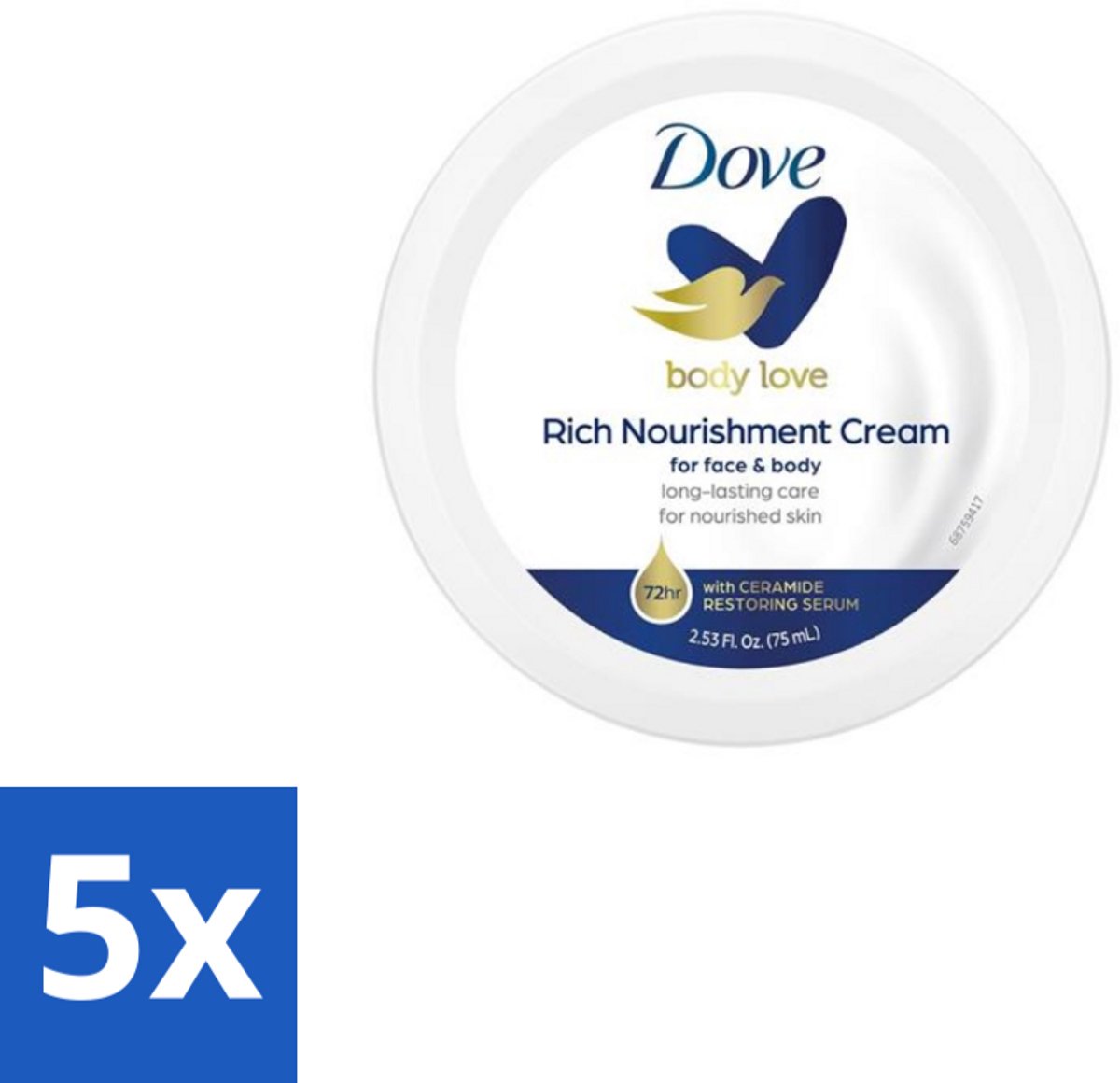 5 x Dove – Bodycrème – Rich Nourishment – 75 ml - Bodycrème - Hydratatie - Droge Huid - Voedende Crème - DeepCare Complex