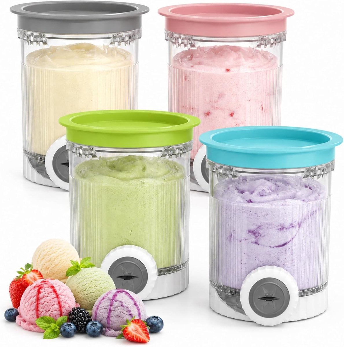 Set van 4 IJscontainers met Kleurrijke Deksel en Mondstukken, BPA-vrij, Geschikt voor IJsbereiders, 16 fl oz, Ideaal voor Thuisgebruik en Bewaren van IJs
