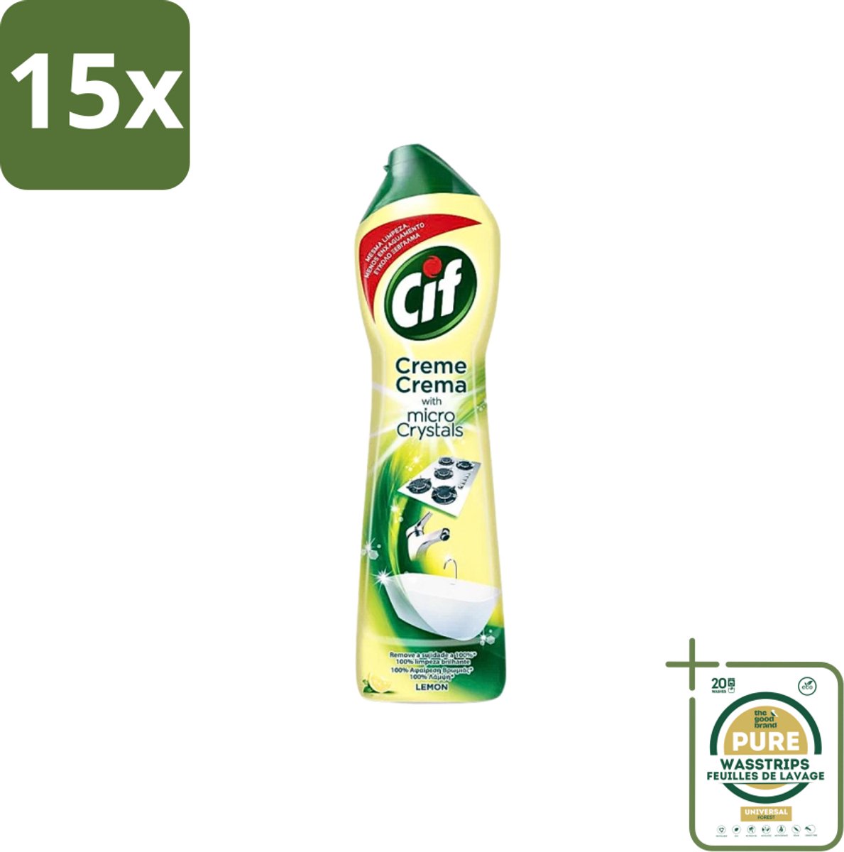 15 x Cif - Badkamer & Keuken - Schuurmiddel - Cream Lemon - 500 ml - Grootverpakking - Schoonmaakmiddel - Schuren - Vet Verwijderen - Kalkaanslag Verwijderen - Citrusgeur
