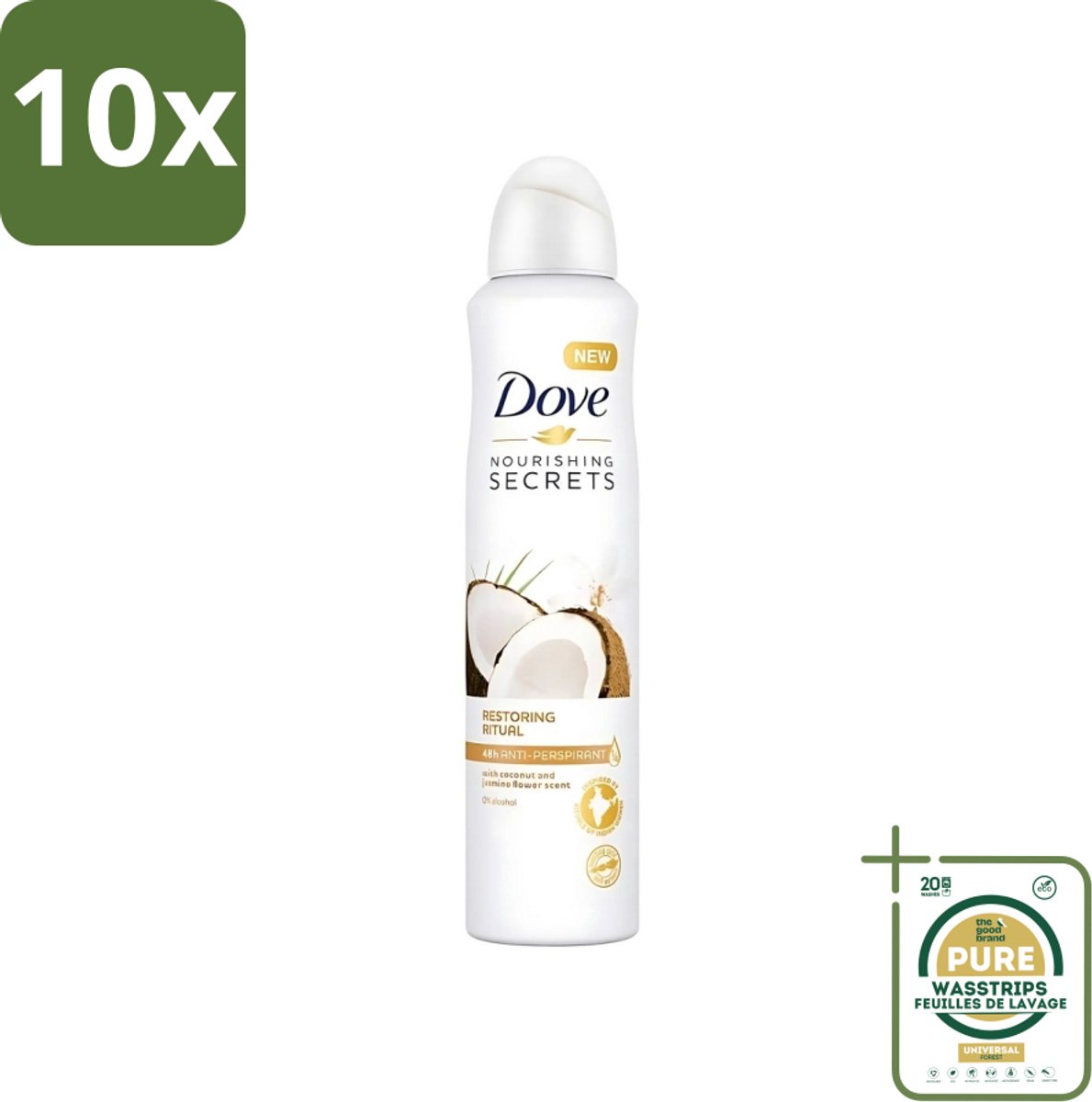 10 x Dove - Deodorant - Coconut & Jasmine Flower - Tropisch en verzorgend - 250 ml - Grootverpakking - Dove Deodorant - Kokos En Jasmijn - Anti-transpirant Spray - Verzorgende Deodorant - Geur Van Kokos En Jasmijn