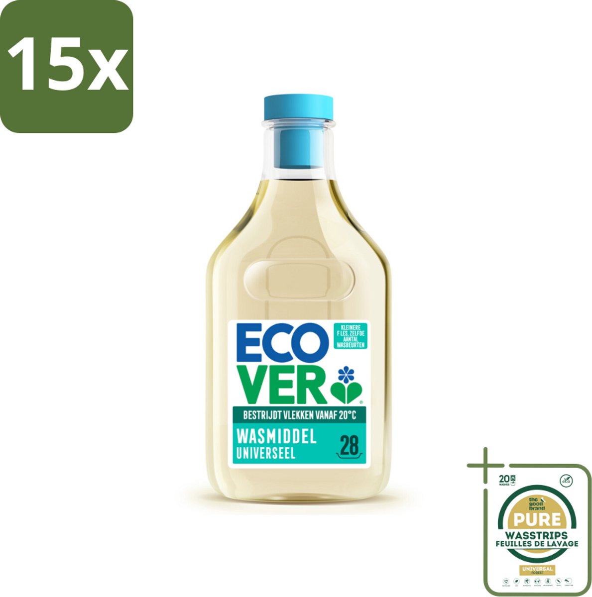 15 x Ecover Wasmiddel Universeel Kamperfolie & Jasmijn 28 Wasbeurten 1 liter - Grootverpakking - Ecover Universeel Wasmiddel - Koud Wassen - Plantaardig Wasmiddel - Milieuvriendelijk Wasmiddel - Vegan Wasmiddel