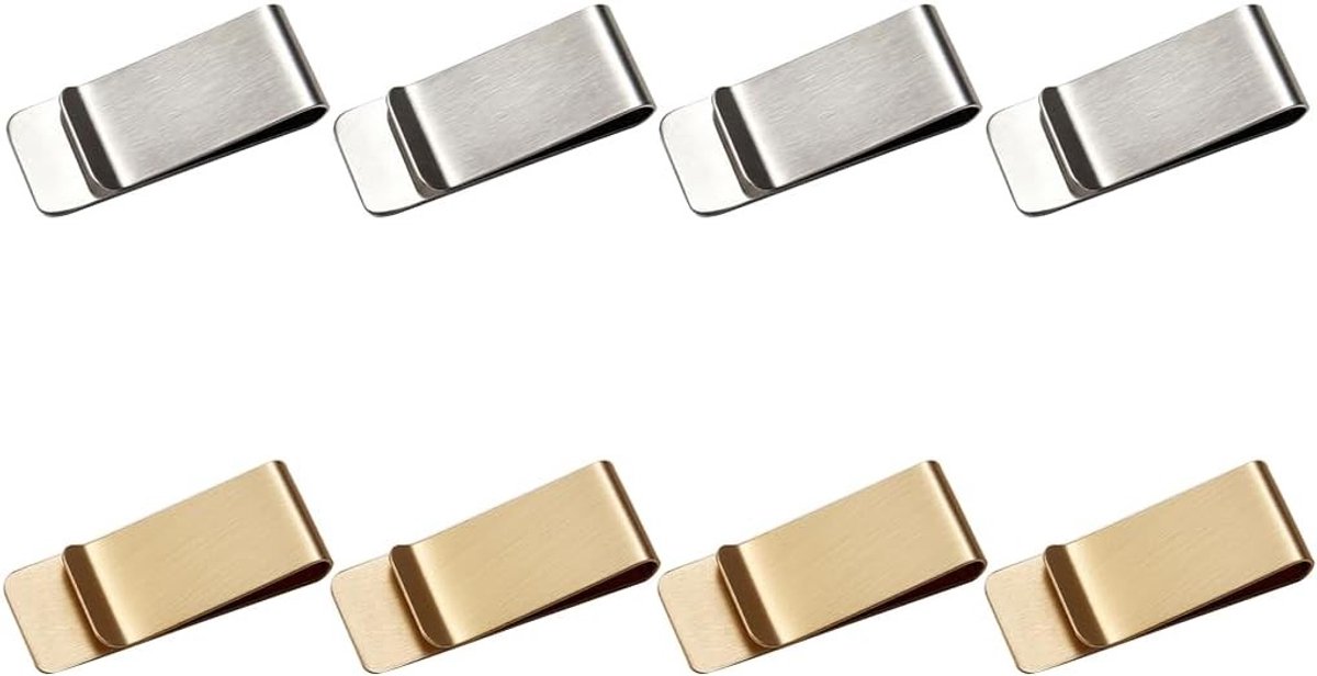 Set van 8 Geldclips voor Mannen en Vrouwen, Minimalistische Clips voor Bankbiljetten, Creditcards en Visitekaartjes in Zilver en Koper