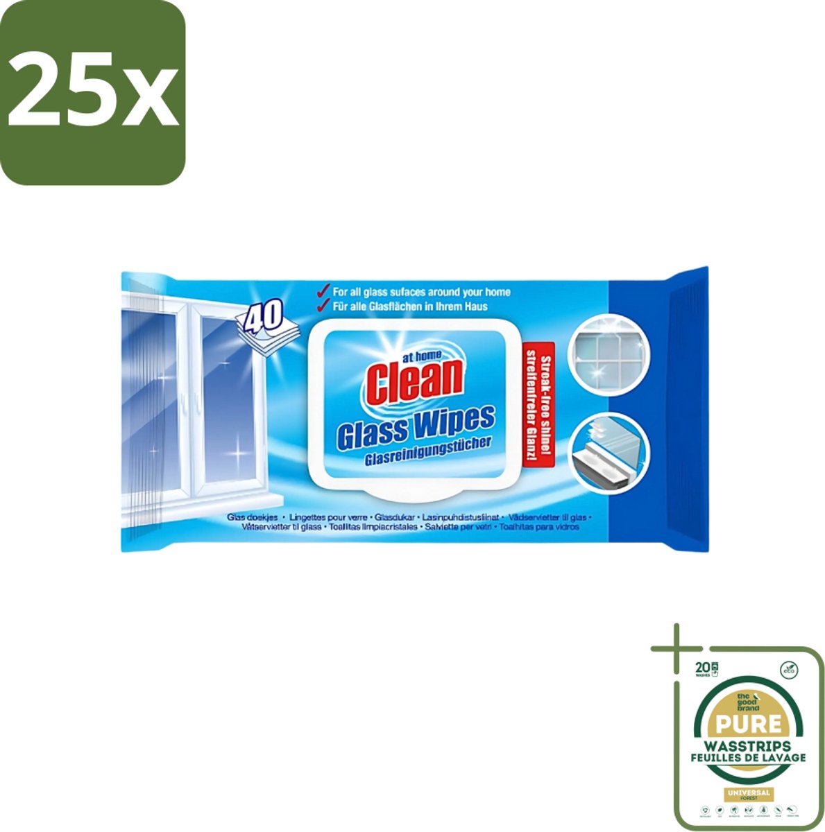 25 x At Home - Clean - Glas Reinigingsdoekjes - Reinigt Streepvrij - 40 Doekjes - Grootverpakking - Reinigingsdoekjes Glas - Streepvrij Reinigen - Glas Reinigen - Ruiten Reinigen - Spiegels Reinigen