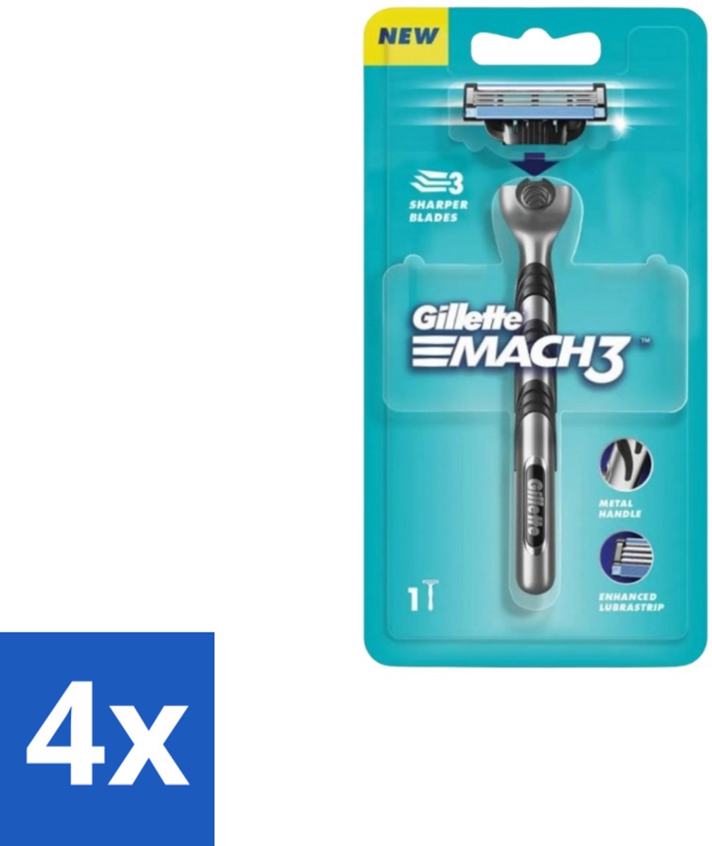 4 x Gillette - Mach3 – Houder + 1 Mesje – 3-bladig - Scheermes - Scheerbeurt - Mesje - Huidbescherming - Scheercomfort