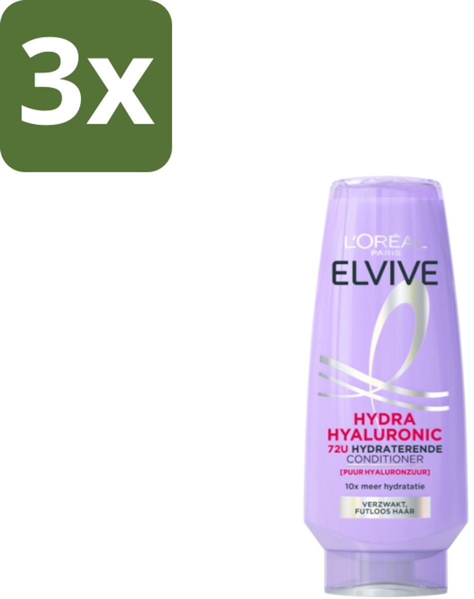 3 x L'Oréal Elvive Hydra Hyaluronic Conditioner 200 ml - Hyaluronzuur Conditioner - Hydraterende Conditioner - Droog Haar - Uitdroging - Pluizen