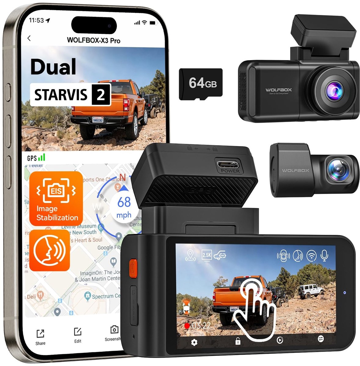 Solidchoice - Draadloze Dash Cam met 1440P Beeldkwaliteit en GPS