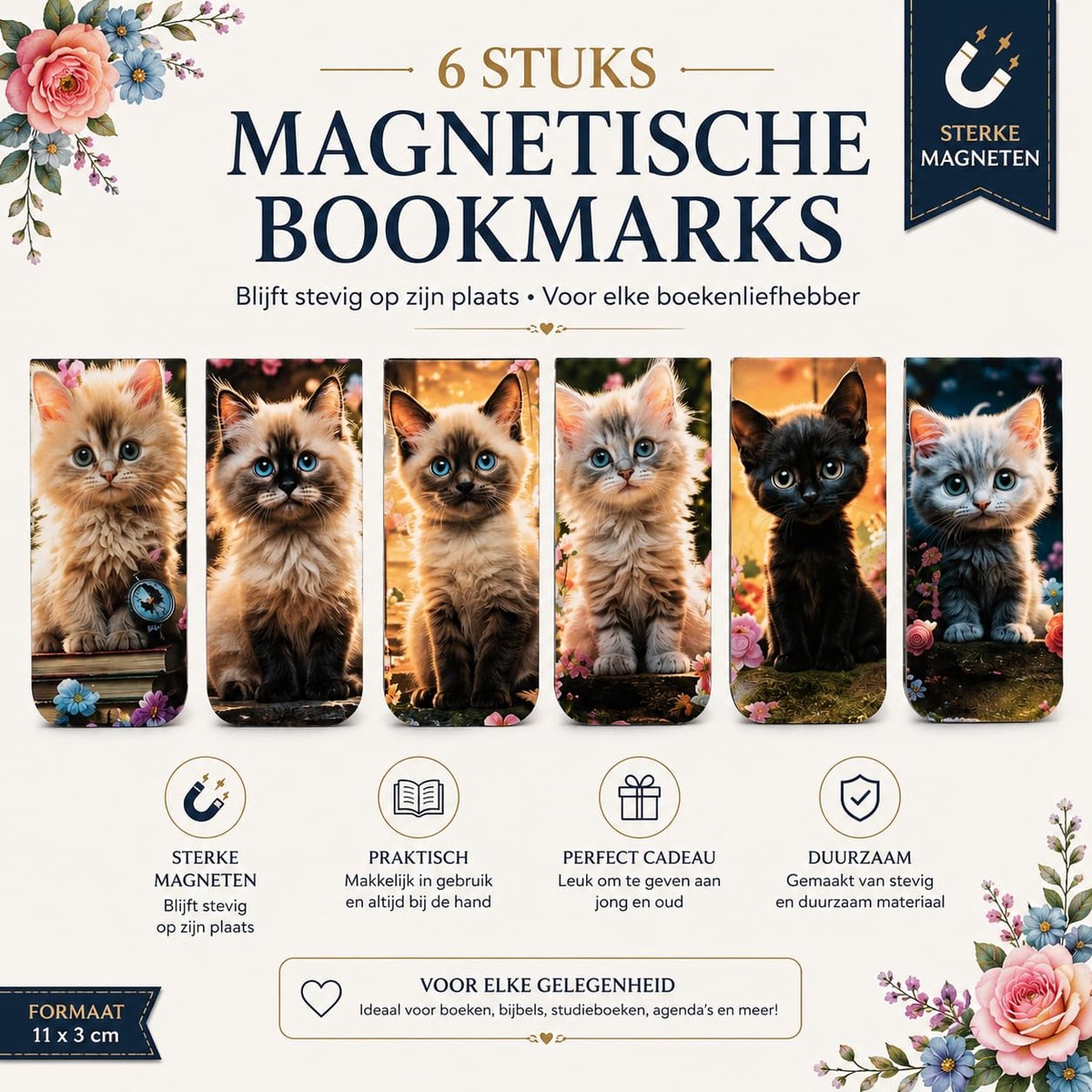 Magnetische Boekenleggers 6 Stuks Katten en Kittens – Magnetische Bladwijzers met 6 Verschillende Kattenmotieven – Sterke Magneet – Boekenlegger voor Boeken, Bijbel, Studieboeken en Agenda