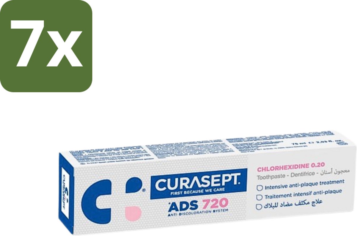 Curasept - ADS 720 Gel-Tandpasta - Chloorhexidine 0.20% - Beschermt Tandvlees & Tanden - 75 ml - Bulkverpakking - 7 stuks