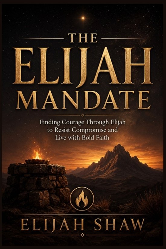 Boekcover met de titel 'The Elijah Mandate' en een afbeelding van een altaar met vuur in een berglandschap bij zonsondergang.
