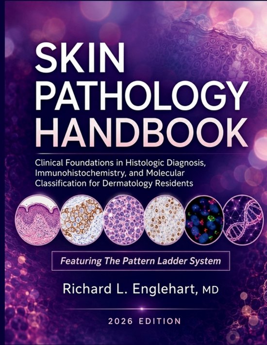 Cover Skin Pathology Handbook 2026 met paarse achtergrond, microscopische beelden van weefsels en DNA-helix.