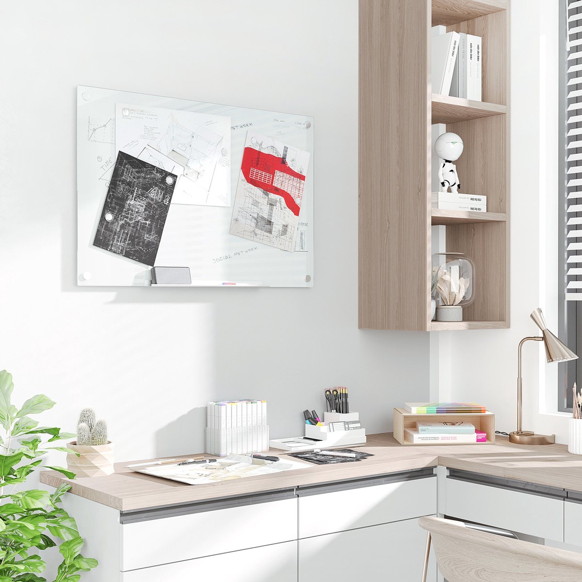 REDOM - Glasboard whiteboard - Magnetische glazen wandplaat - Inclusief aluminium pennenbak, markers, magneten en wisser - Frameloos - Wandmontage - Glas - Wit - 90 x 60 cm
