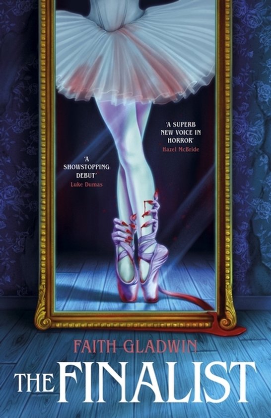 Balletdanseres in roze schoenen met bloederige tenen en nagels, reflecterend in een spiegel. Titel: The Finalist.
