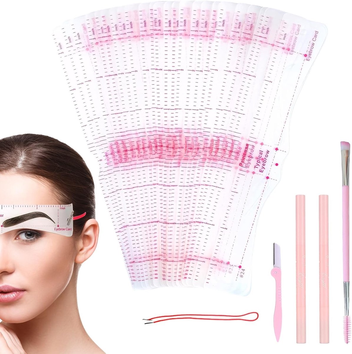 Set van 24 Herbruikbare Wenkbrauw Sjablonen met Wenkbrauw Ruler, Scheermes en 2 Wenkbrauwpennen voor Diverse Make-up Stijlen en Perfecte Wenkbrauwen