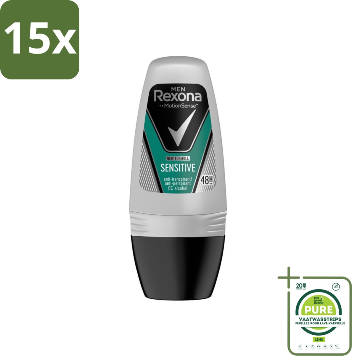 15 x Rexona Men - Sensitive - Deo Roll-on - Anti-transpirant - 50 ml - Grootverpakking - Deodorant Voor Gevoelige Huid - Mannelijke Deodorant - Roll-on Deodorant - Anti-transpirant - Zweetvermindering