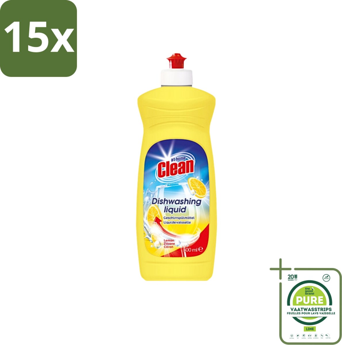 15 x At Home - Clean - Afwasmiddel - Lemon - Stralend Schone Vaat - 500 ml - Grootverpakking - Afwasmiddel - Vaat Reinigen - Vet Verwijderen - Citroengeur - Schone Vaat