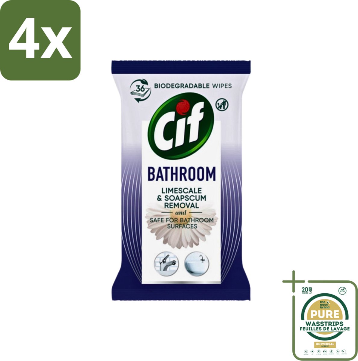 Cif - Badkamer - Hygiënische Doekjes - Kalkaanslag & Zeepresten Verwijderen - 36 stuks per verpakking - Voordeelverpakking - 4 stuks - Reinigingsdoekjes - Badkamer reinigen